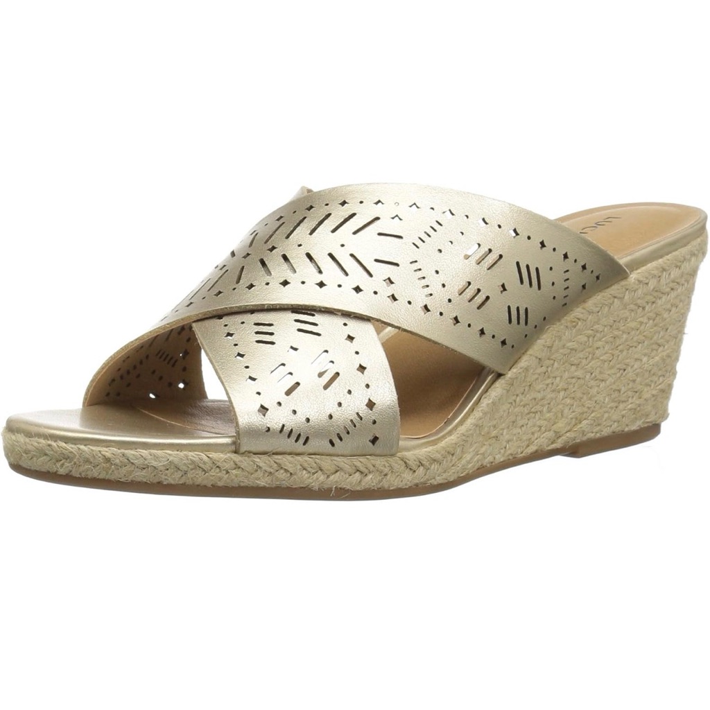 Lucky Brand Keela Wedge Sandal Platinum Gold Perforated Crisscross Heel Shoe